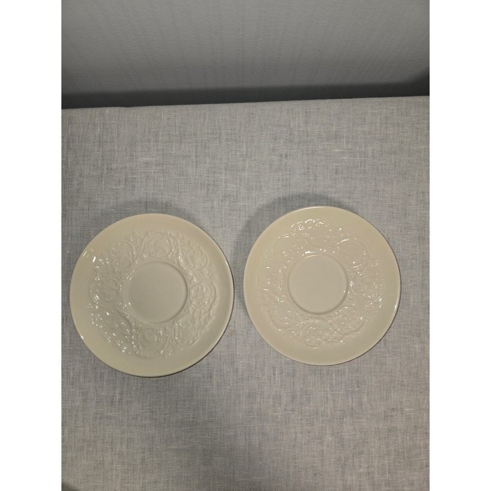 Wedgwood Patrician Cream Saucers Embossed Floral Scrollwork Set of 2 6"